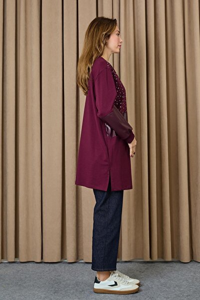 Puane Γυναικείο Ασύμμετρο Τουνίκ με Πέτρινη Λεπτομέρεια - 10738TUN - ΜΠΟΥΡΓΚΟΝΤΙ