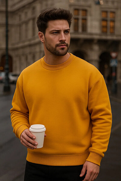 COMBİNE MİCHAİL Erkek Oversize Kışlık Hardal Sarı Uzun Kazak