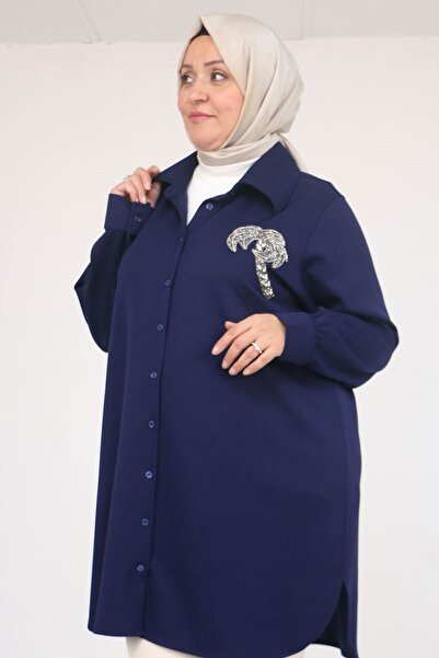Eslina 58126 Plus Size Buttoned Modal Tunic with Accessory Detail - Indigo