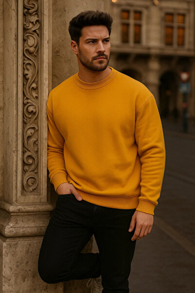 COMBİNE MİCHAİL Erkek Oversize Kışlık Hardal Sarı Uzun Kazak