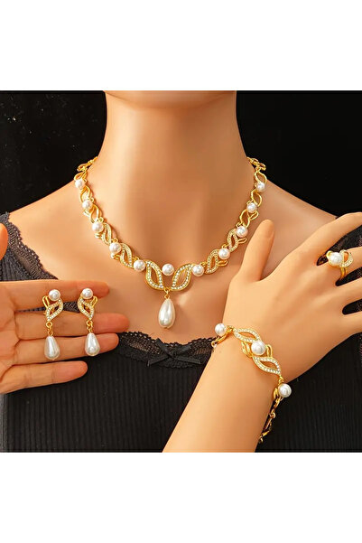 İnci Mercan Bujiteri 5 Parça Şekilli Kolye, Bileklik ve Küpe Seti İnci Taşlı, Düğün Aksesuarı