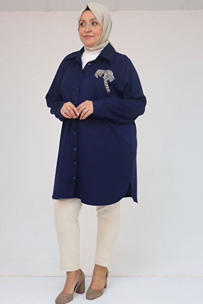 Eslina 58126 Plus Size Buttoned Modal Tunic with Accessory Detail - Indigo