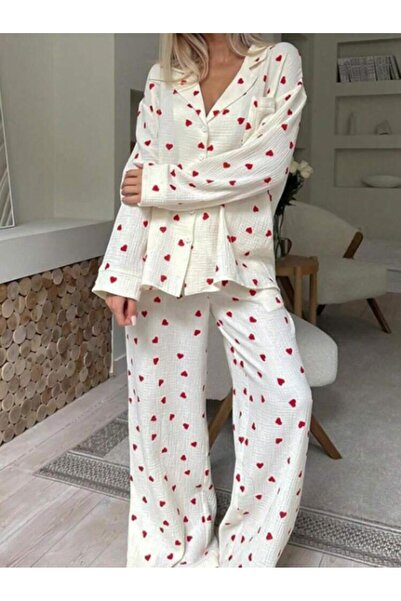 Nita Giyim Kadın Beyaz Kalp Baskılı V Yaka Uzun Kol Düğme Kapamalı Pantolon Gömlek Pijama Takımı