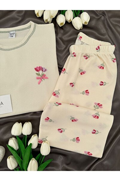 Lena Homewears Women's Tulip Patterned Ecru Waffle Premium Pajama Set