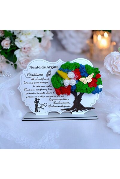 OEM Tree artwork with stabilized lichens, personalized for silver wedding, 30x20cm, white