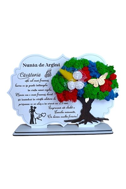 OEM Tree artwork with stabilized lichens, personalized for silver wedding, 30x20cm, white