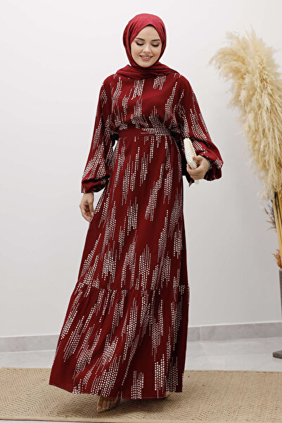 Tesettür Dünyası Pötikare Desenli Viskon Elbise TSD250232 Bordo