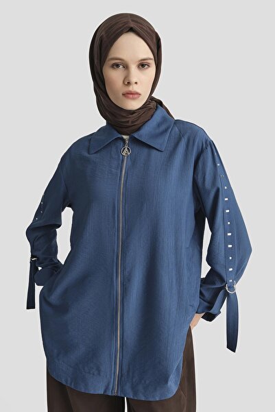 Armine TREND Fermuarlı Kolları Taşlı Ceket-İndigo 25YT573