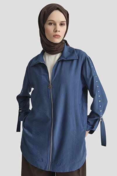Armine TREND Fermuarlı Kolları Taşlı Ceket-İndigo 25YT573