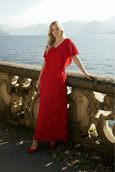 Romina Samara Omuz Dekolteli Volanlı Uzun Abiye Şifon Davet ve Düğün Elbisesi