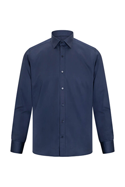 Hatemoğlu Navy Blue Classic Fit Slim Collar 100% Cotton Long Sleeve Satin Shirt