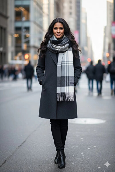 Cashmere Kaşmi̇r Ekoseli̇ Omuz Şali- Siyah Beyaz