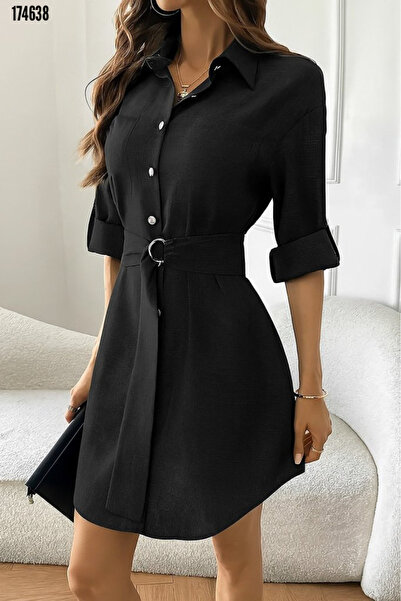 Viyamo Yeni Sezon Kuşaklı Kadın Mini Elbise Uzun Kollu Yaka Detaylı Düğmeli Keten Kumaş