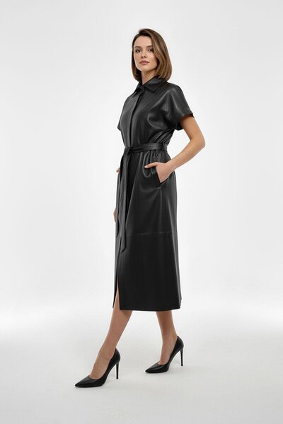 Deriderim Black Genuine Leather Belted Long Vest