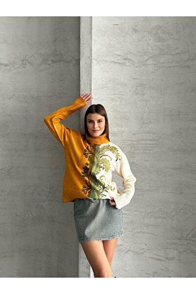 Knitoryx Women's Half Yellow Half Cream Patterned High Neck Knit Sweater - Women's Winter Stylish Model Std