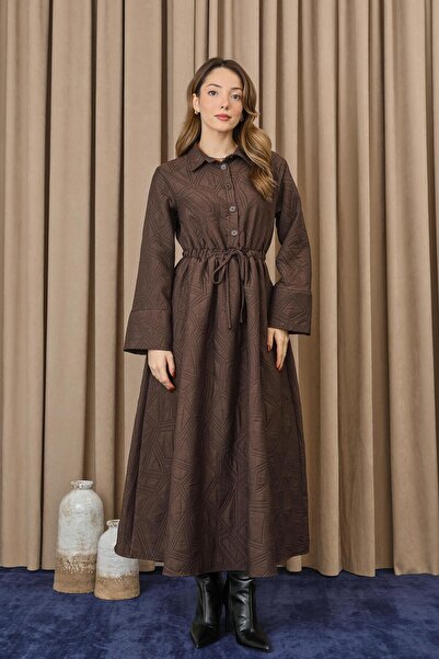 Loreen Kadın Belden Tünelli Kapitone Elbise - 20713ELB - Kahve