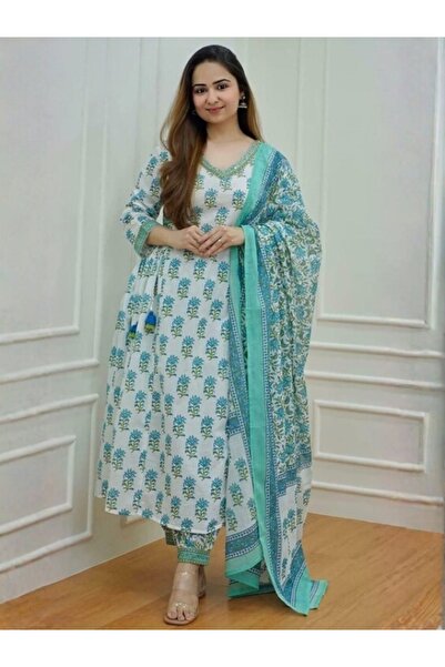 MYSMAR Blue Cotton Salwar Kameez Dupatta - ALV1052 | Blue
