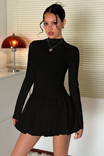 JE-TU Rochie mini cu mâneci lungi și fustă cu balon elastică JT9097