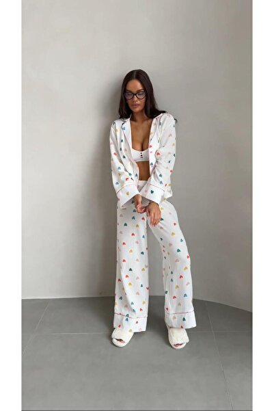 Nita Giyim Kadın Beyaz Kalp Baskılı Ara Biyeli V Yaka Uzun Kollu Alt Üst Pija...