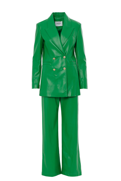 GİZİA Fit Bleazer Ceketli Ve Bol Paça Yüksek Bel Pantolonlu Deri Takım Elbise