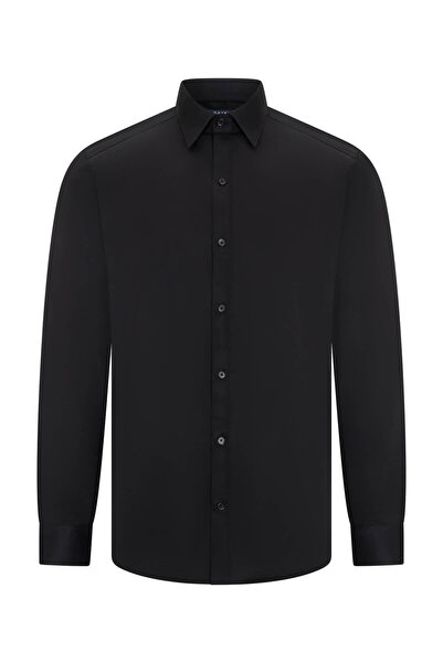 Hatemoğlu Black Slim Fit Open Italian Collar Long Sleeve Satin Shirt