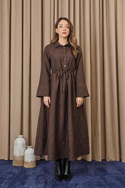 Loreen Kadın Belden Tünelli Kapitone Elbise - 20713ELB - Kahve