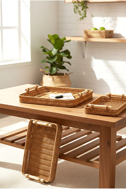 FH finehome سلة خوص خشبية من ديني مكونة من 3 قطع بمقابض