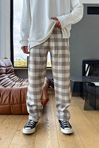 Flaw Wear Ελαστική μέση καρό φόρμα μοντέλο μπεζ