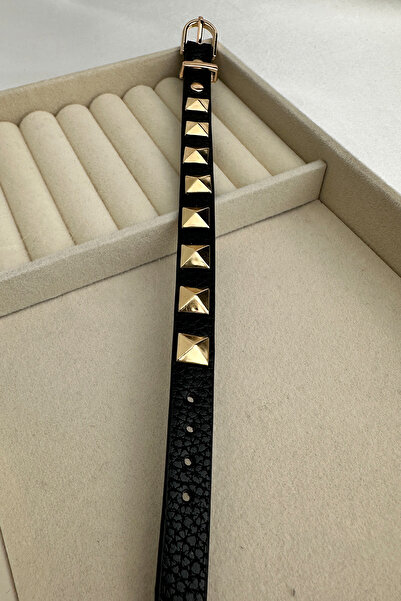 Modex Yellow Metal Staple Detail Leather Bracelet (24cm)