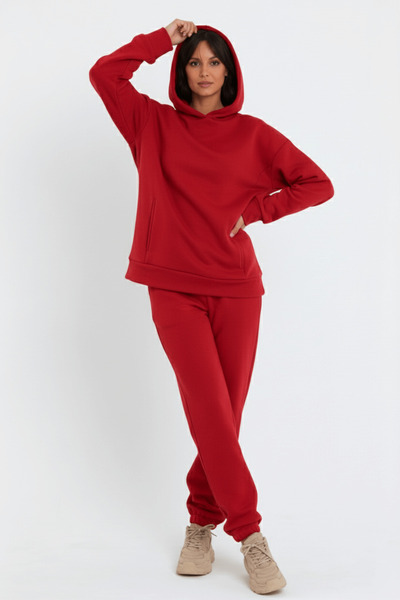 ESPİNA Kadın Beli Ve Paçası Lastikli Üç Iplik Polarlı Oversize Eşofman Takımı - Kırmızı