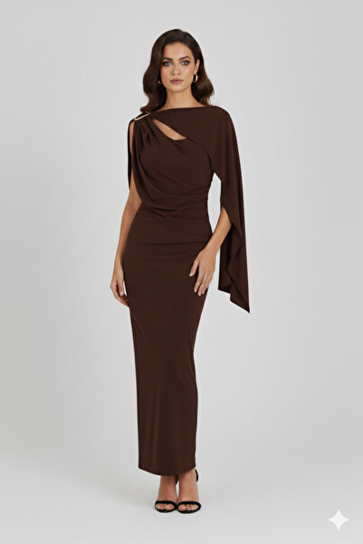 AURA BEA OMUZ DETAY UZUN ELBİSE ACI KAHVE