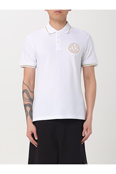 Versace Men's Polo Neck White-Gold Polo Neck T-Shirt with Stripe Detail on Sleeves and Collar 78Gagt00Cj01T-G03