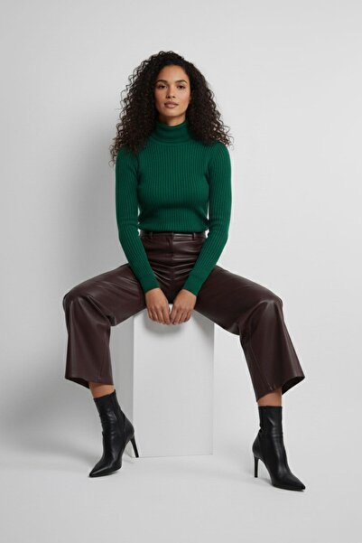 Deriderim Bordo Hakiki Deri Geniş Paça Kadın Pantolon