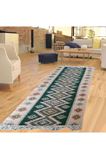 OEM Traditional carpet, size 100 x 300 cm, green and cream, ROMB model