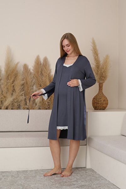 Miss Dünya Lissa Luna Lace Detailed Midi Length Maternity and Postpartum Dressing Gown Suspender Nightgown Set