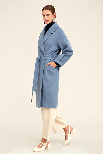 Hatemoğlu Saykı Woman Mavi Regular Fit Ceket Yaka Kaşe Yünlü Oversize Manto
