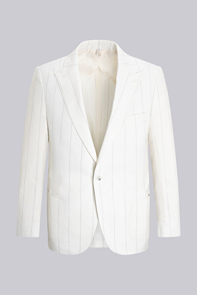 Hatemoğlu White Slim Fit Pointed Collar Striped Linen Casual Suit