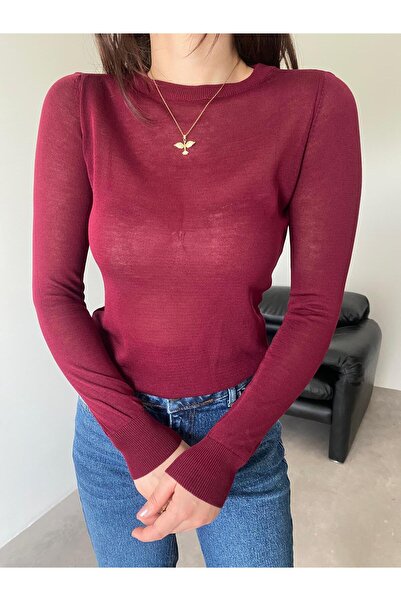 Bade Butik بلوزة شفافة ذات رقبة دائرية باللون العنابي