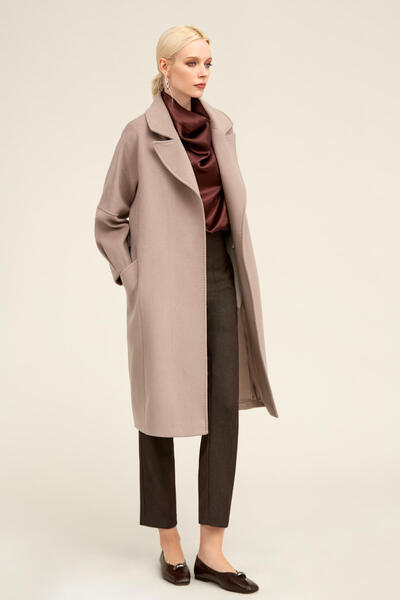 Hatemoğlu Saykı Woman Taş Regular Fit Ceket Yaka Kaşe Yünlü Oversize Manto