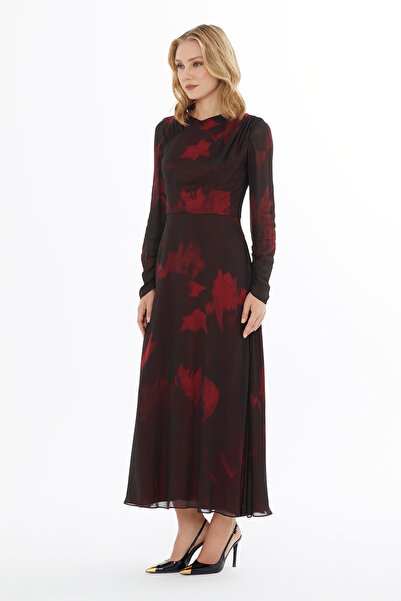 GİZİA Yuvarlak Yaka Fermuar Kapama Omuzdan Büzgülü Elbise