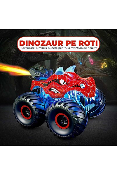 Timebox Camion monstru cu dinozaur RC, 4x4, lumini LED, efect de pulverizare, rotație 360°, pentru copii 3-12 ani, roșu