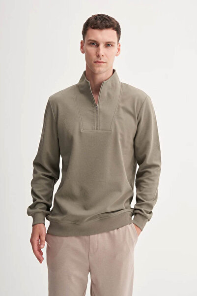 Cazador Premium Thick Textured Stand Collar Zippered Light Khaki Men's Sweatshirt 53075