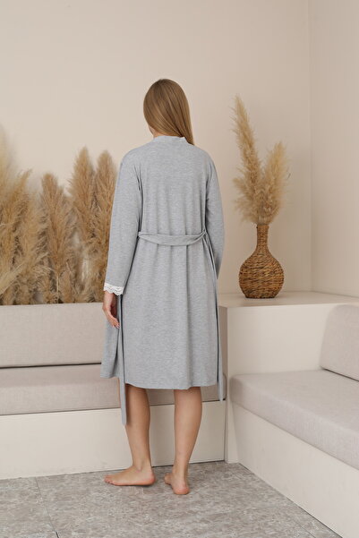 Miss Dünya Lissa Luna Lace Detailed Midi Length Maternity and Postpartum Dressing Gown Suspender Nightgown Set