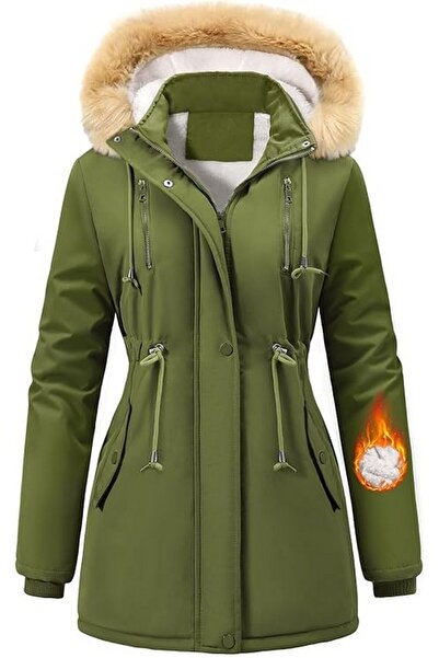Nadeer Jacheta de iarna femei cu captuseala din fleece, gluga , impermeabila, kaki, marime M,