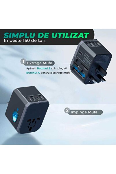 Timebox Universal travel charger adapter, 4 x USB, 1 x Type-C for US, UK, EU, Australia, Asia, Silver Grey