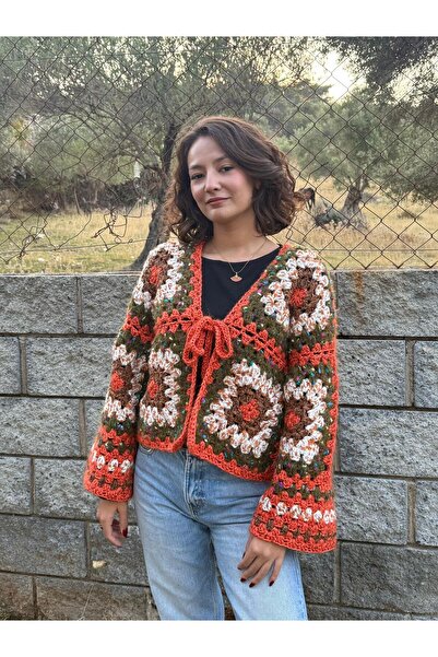 MELUSH Motifli Oversize Model Örgü Hırka, Çok Renkli El Örgüsü Hırka- Turuncu, Yeşil