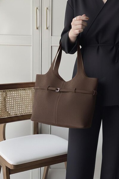 La La'Graccio Paris Geantă de umăr Lagraccio Paris pentru femei Pureline, din piele intoarsa, cu geanta de machiaj, marime mare, piele intoarsa maro