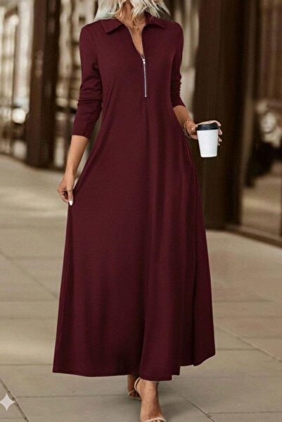 Mossta Polo Neck Zipper Detail Long Sleeve Maxi Dress - Burgundy