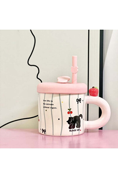 vivimall Ceramic Mug with Lid and Straw Cute A Model 380 ml Pink | FreshBox