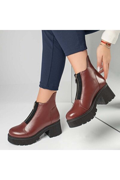 Modlet.ro Women's burgundy leather heeled boots with zipper MOD12532